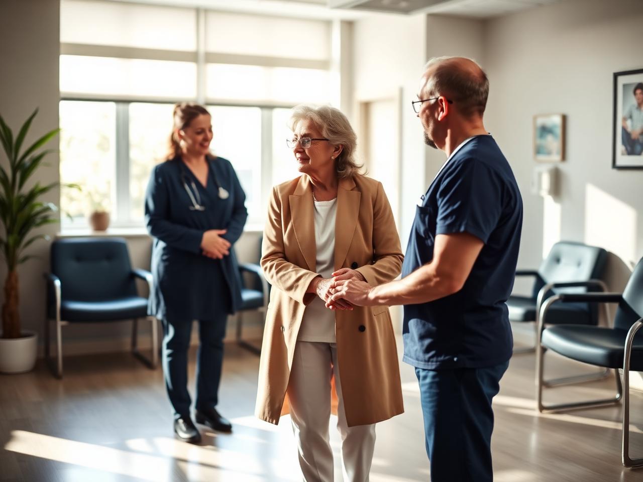 Companion supporting a senior in a doctor's office